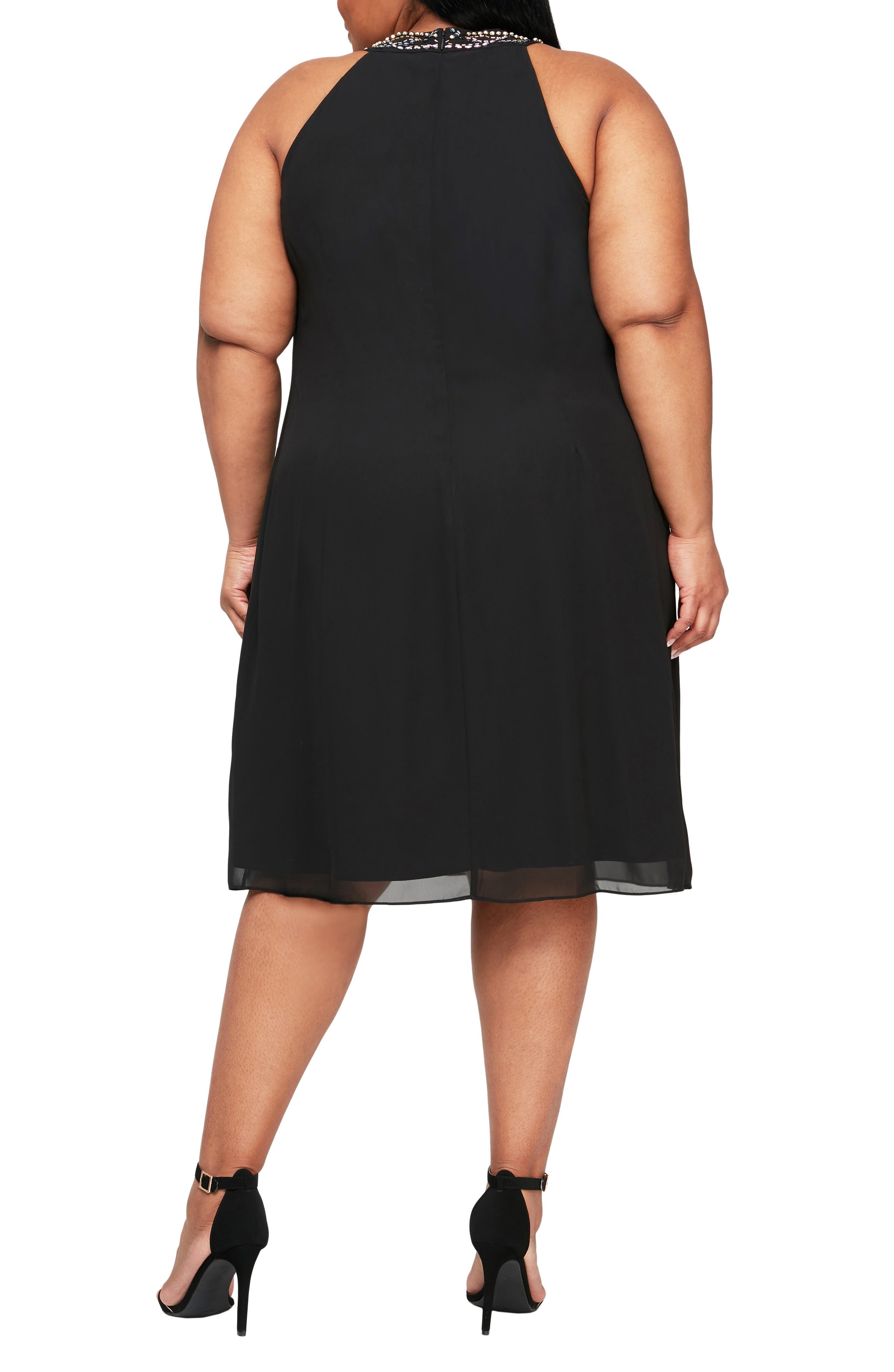 SL FASHIONS Braid Beaded Neck Chiffon Cascade Ruffle Dress