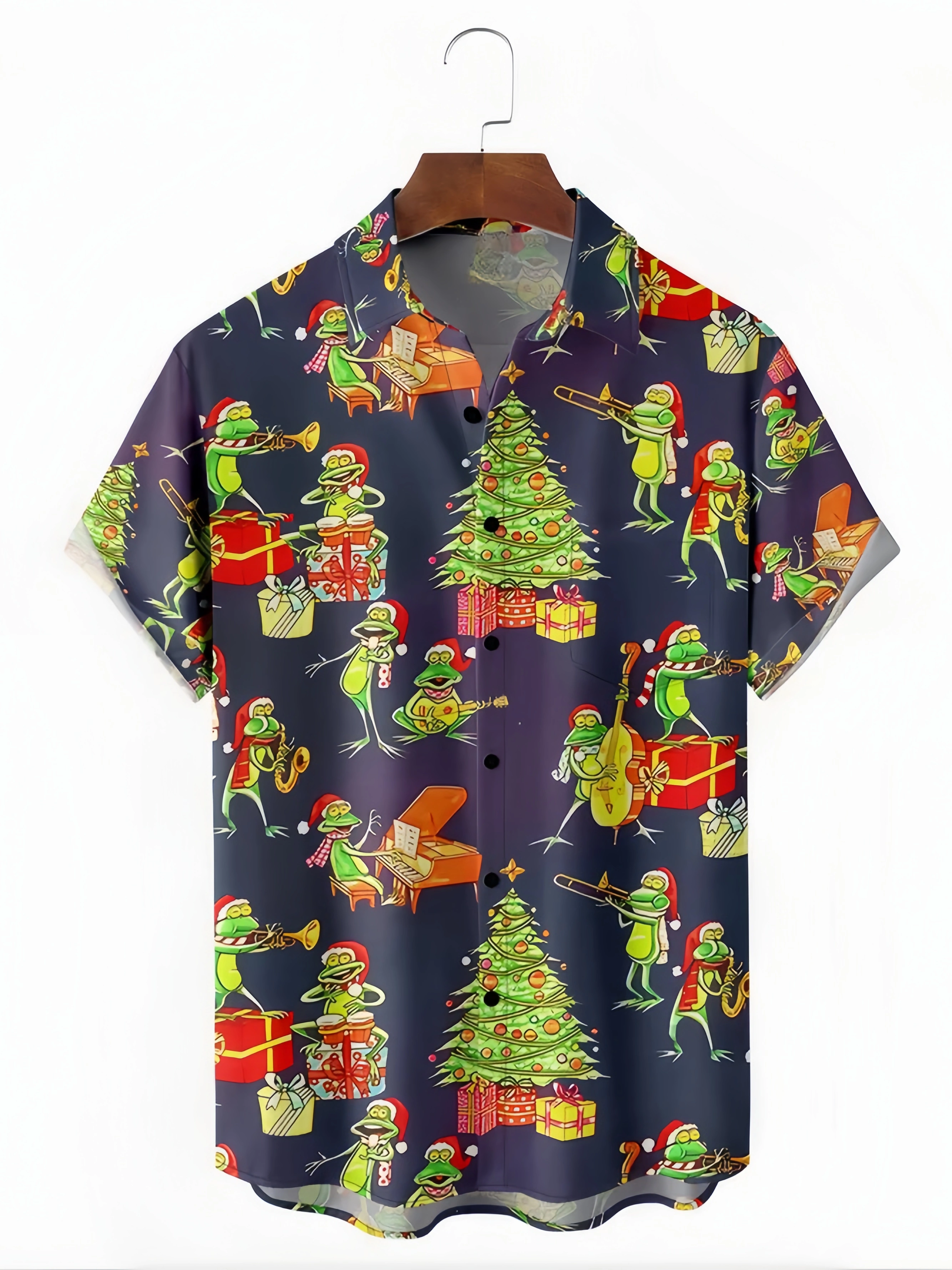 Christmas Frog Chest Pocket Short Sleeve Casual Shirt