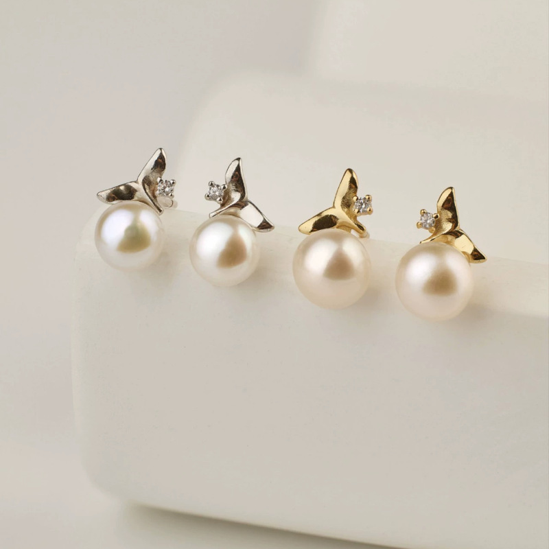 925 sterling silver fish tail pearl earrings for women, 14k gold, Japanese and Korean style, simple, niche, high-end earrings