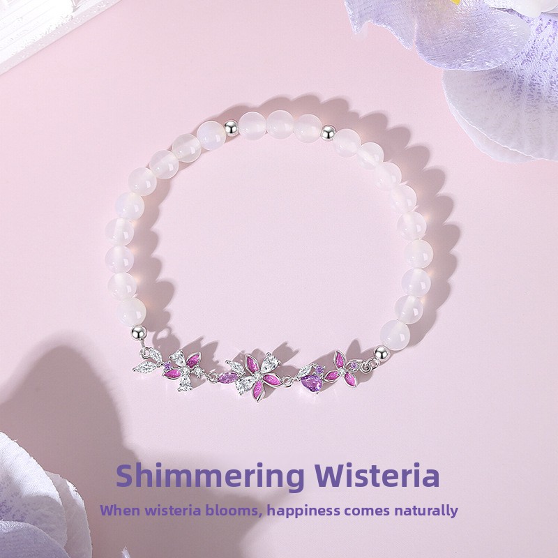 Original Wisteria Flower Agate Bracelet, Forest-Style Floral Round Bead Bracelet, Women's Pure Silver, Fresh and Delicate Purple Zircon Jewelry