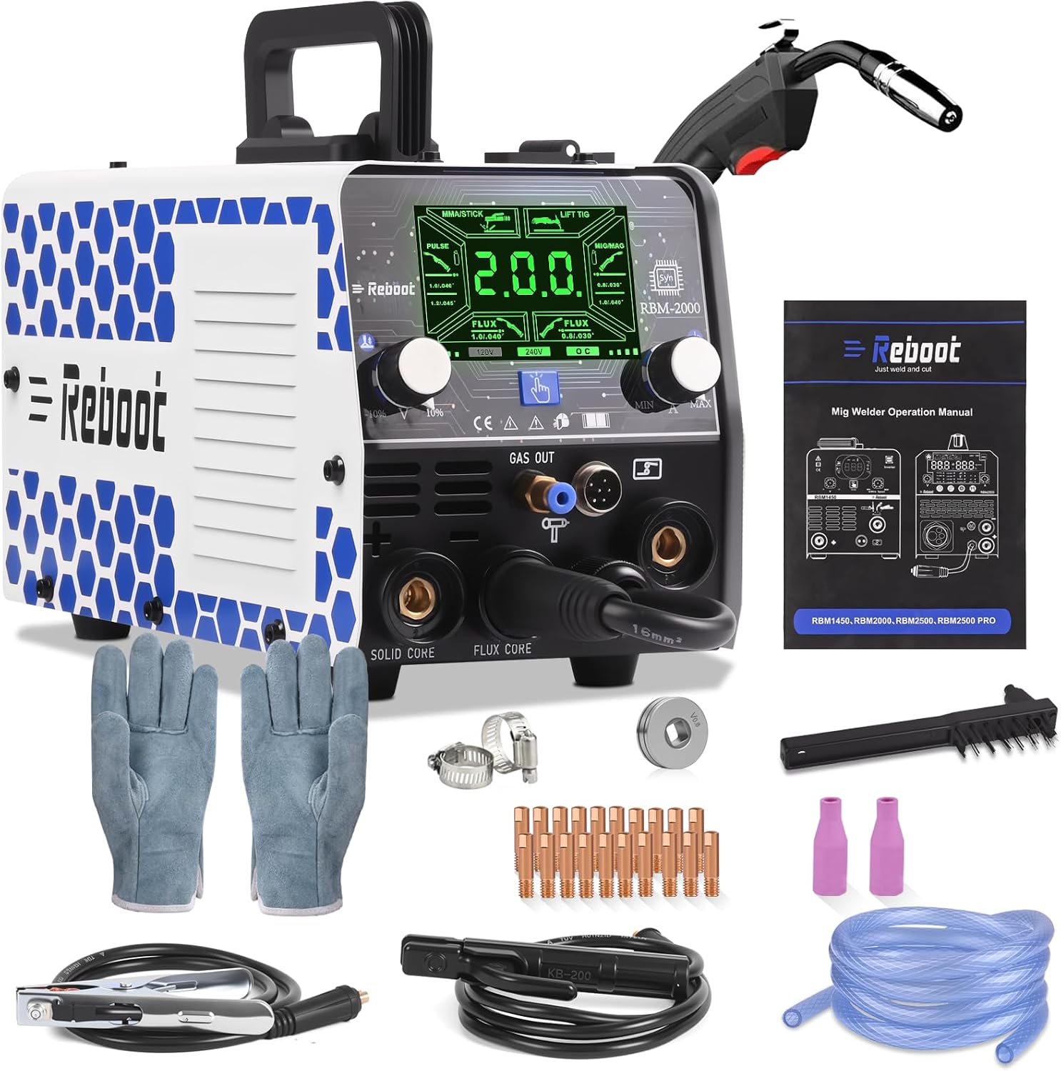 Reboot RBM2000 5-in-1 Welder 120V/240V with Spool Gun - 2025 Upgrade Complete Kit for Aluminum Welding, Steel, Metal Finishing, MIG, Flux Core, Lift TIG, Stick Welding Machine