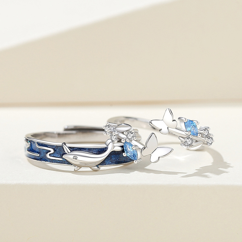 999 pure silver whale and butterfly couple rings, featuring a unique design, forest theme, and adjustable size, making them perfect as a Valentine's Day gift
