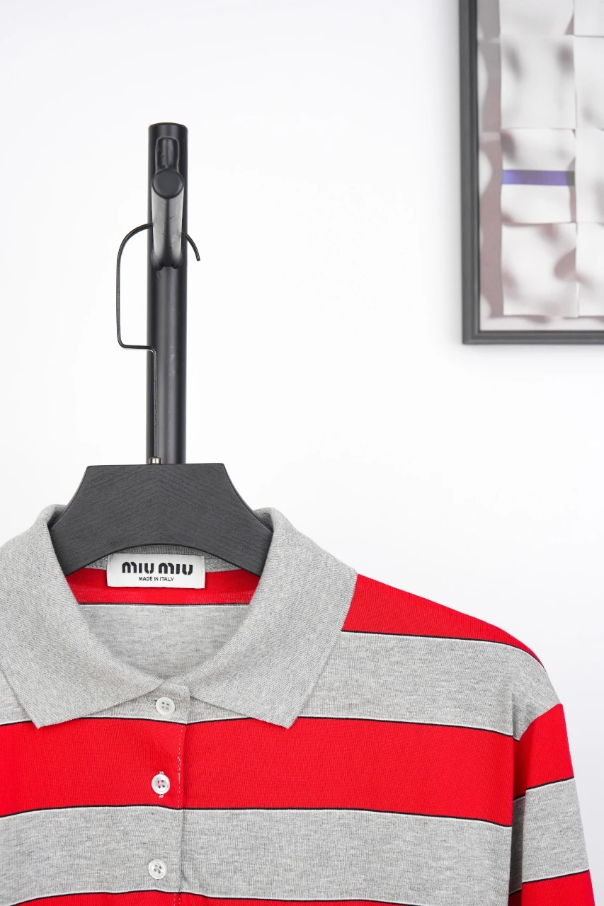 Miu Miu Red Grey Stripe Logo Long Sleeve Polo Shirt product photo from LabelPicks