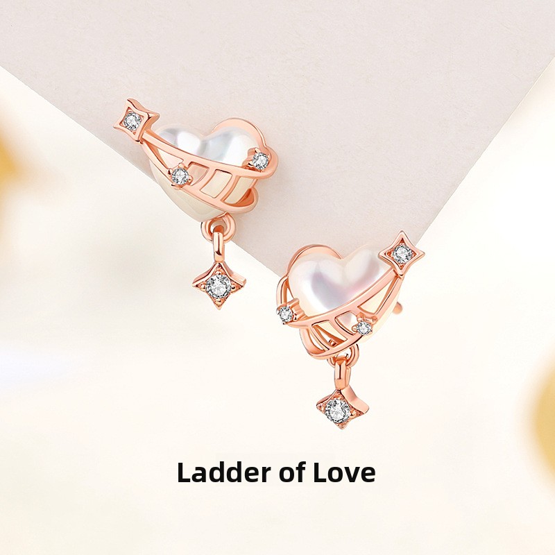 Original Love Ladder Earrings for Women, Pure Silver, Unique Creative Heart-Shaped Mother-of-Pearl Earrings, Chanel-style Earrings, Qixi Festival Gift
