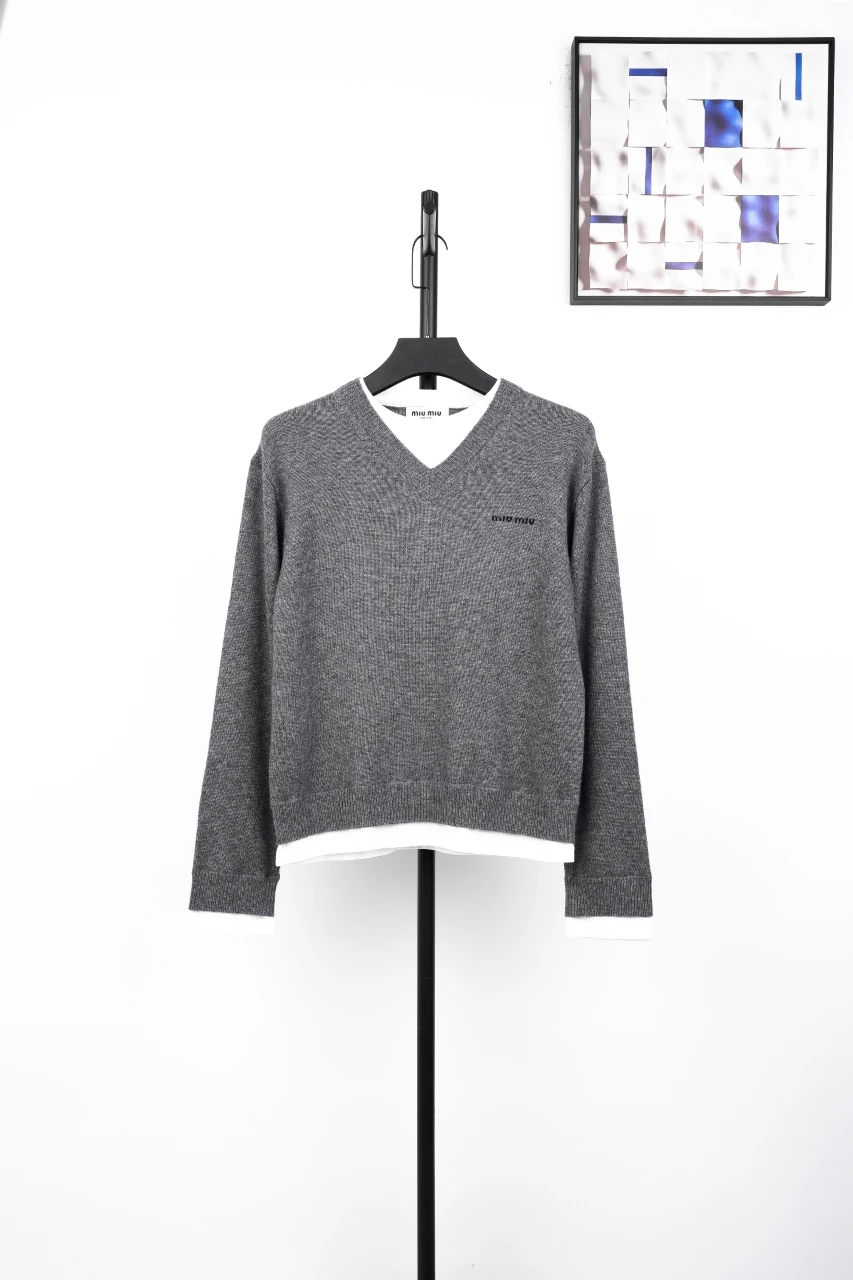 Miu Miu Grey Layered Effect V Neck Sweater product photo from LabelPicks