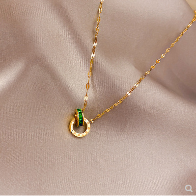 Double circle interlaced green diamond necklace for women design simple temperament net red clavicle chain fashion