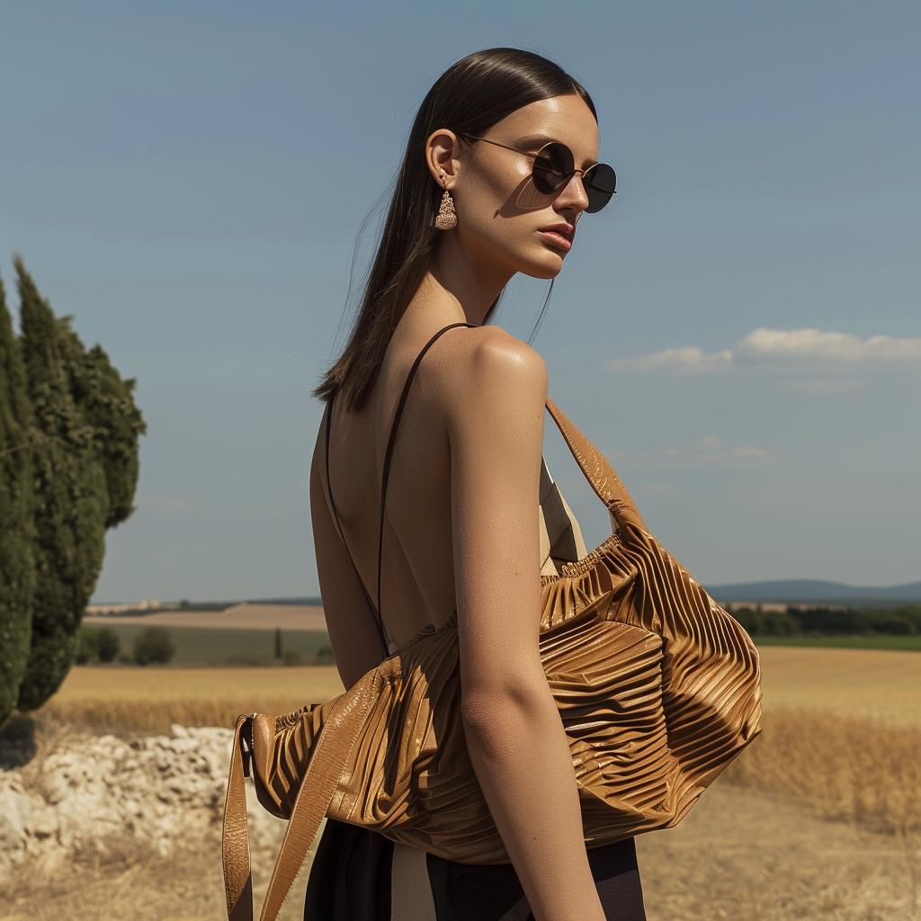 Tan Pleated Leather Hobo Bag