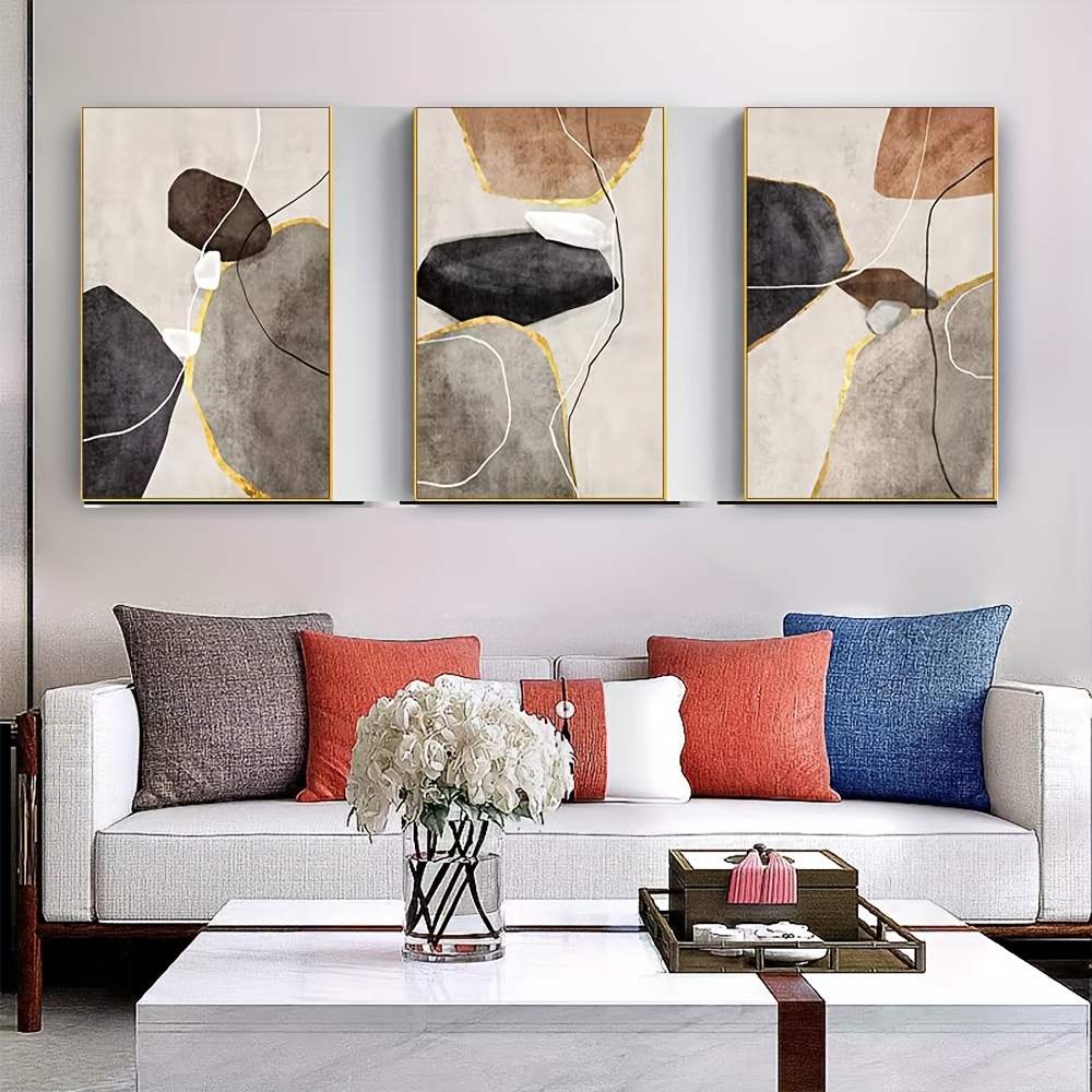 3pcs Frameless HD Pure Hand-Painted Oil Painting, Minimalist Wall Art with 3 Connected Images (Abstract Marble Geometric Color Blocks Ocean Landscape Art with Thick Knife Work Texture and Three-Dimensional Visual Effect) Elegant Decoration