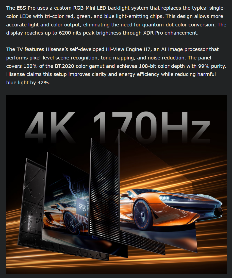 Hisense E8S Pro 100'' RGB-Mini LED TV 9360 dimming Zones 5000 nits TV Brand New 170hz - GreshamTech