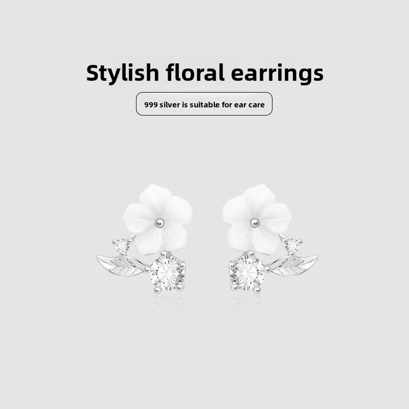 s999 pure silver camellia and white mother-of-pearl earrings, elegant and sophisticated, perfect for summer, featuring a natural, forest-inspired design