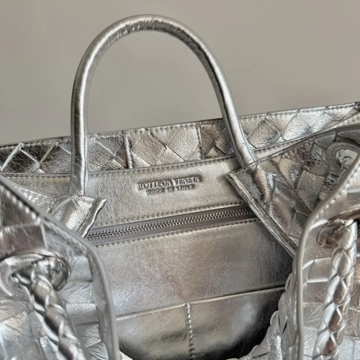 Bottega Veneta Silver Andiamo Intrecciato Woven Leather Top Handle Bag product photo from LabelPicks