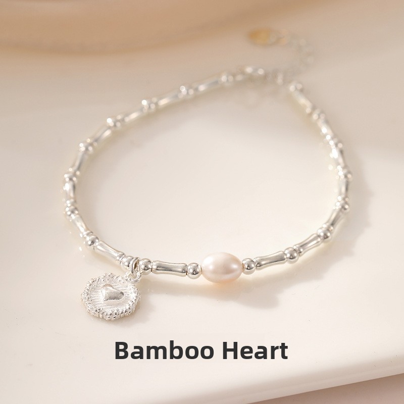 S925 sterling silver bamboo-style heart bracelet for women, French chic, minimalist, elegant pearl bracelet, popular online