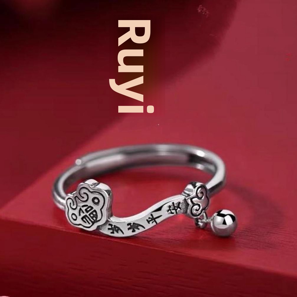 S925 sterling silver ring featuring a “Ruyi” and “Fu” character, with a new Chinese-style design, a unique and understated aesthetic, symbolizing peace and good fortune throughout the year, and an adjustable opening for the New Year