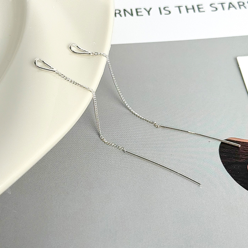 925 sterling silver water drop earrings for women, simple long tassel earrings with a high-end feel, geometric hollow silver needle earrings