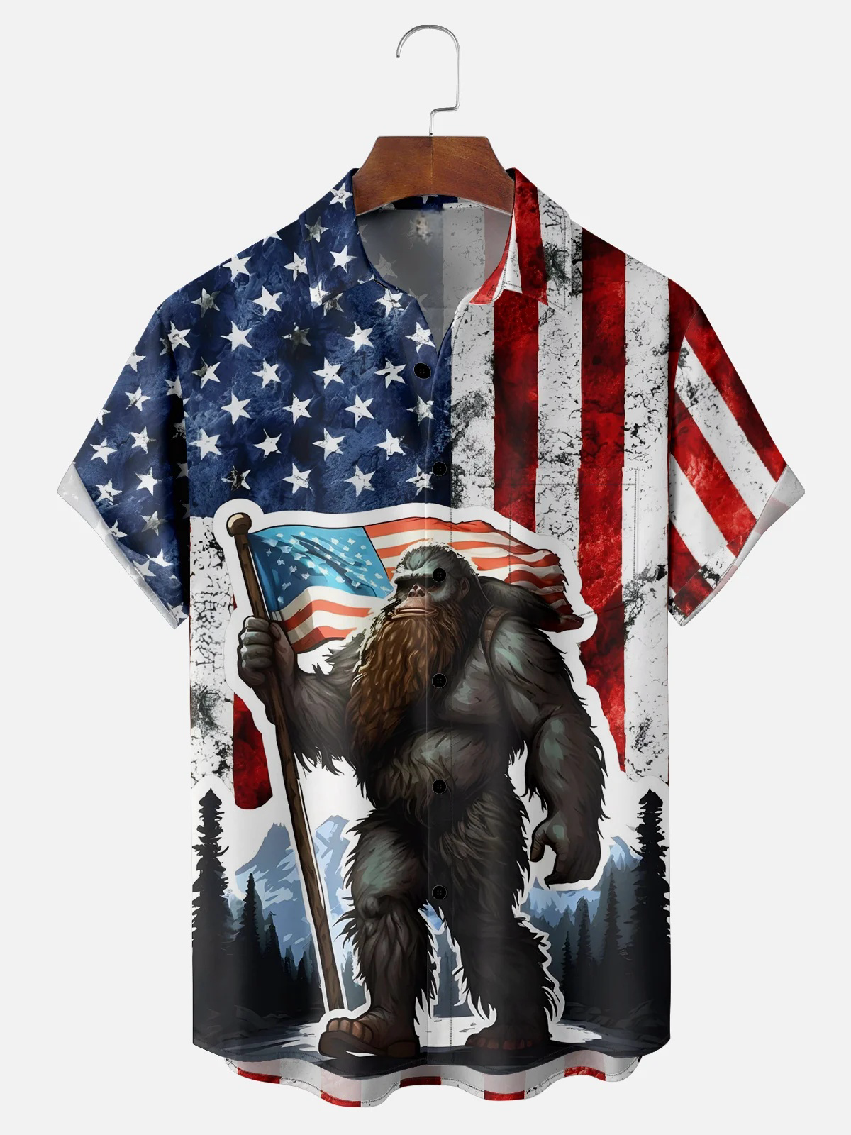 American Flag Bigfoot Chest Pocket Breathable Casual Shirt