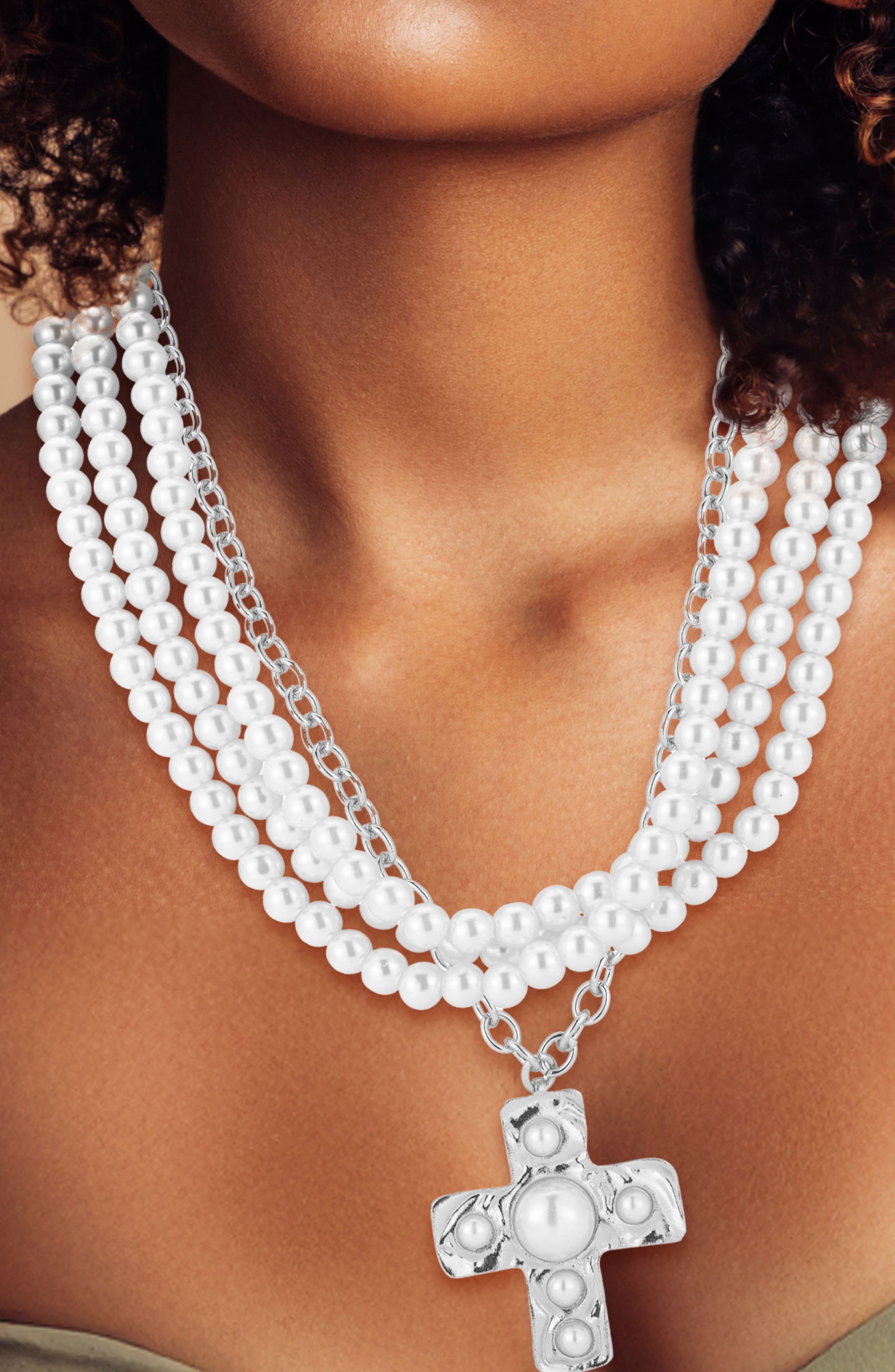 SPHERA MILANO Set of 2 Faux Pearl Cross Pendant Layered Necklaces