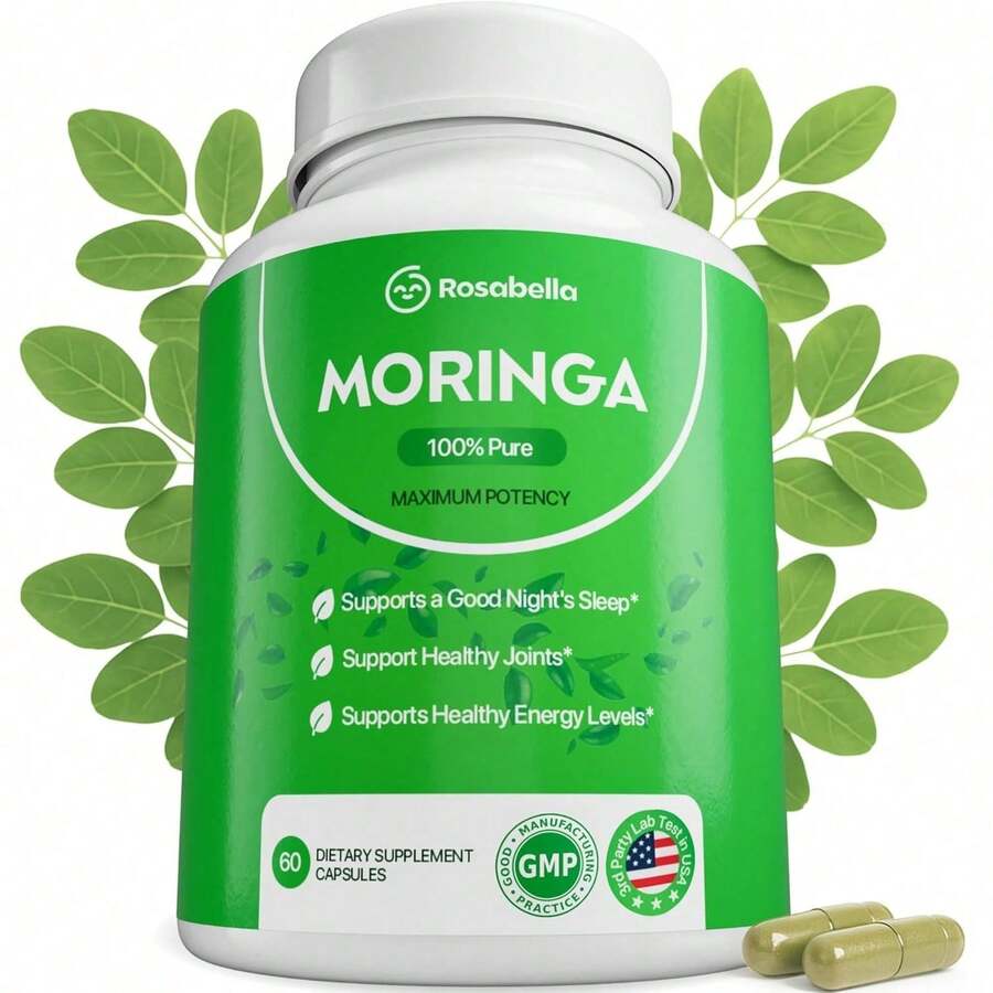Rosabella Moringa Capsules - Pure Moringa Powder, Energy, Skin, Immune & Gut Health Superfood, Rich in Antioxidants, Essential Vitamins & Amino Acids, Natural Green Superfood Supplement - 60 Count
