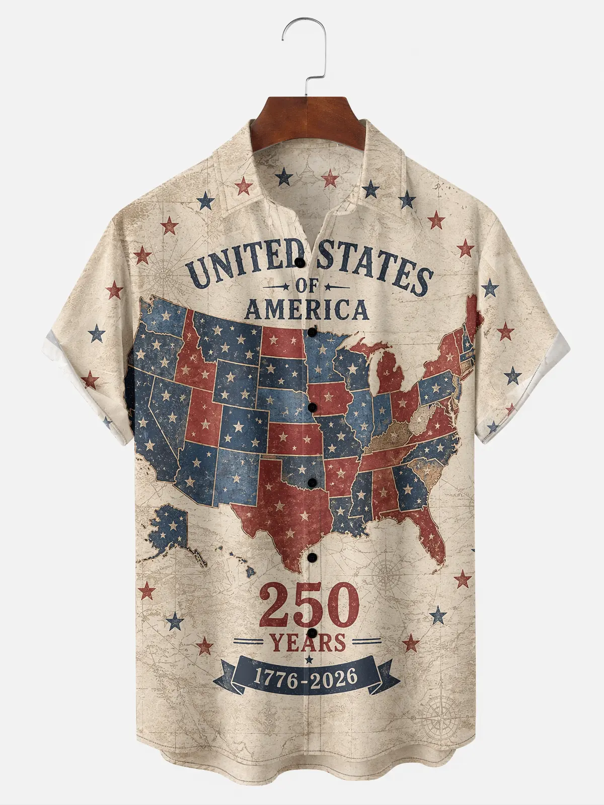 Men's printed shirts, Vintage USA State Map 1776-2026 Aloha Shirt