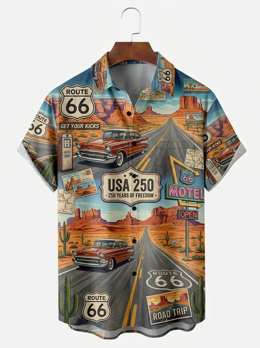 Men's printed shirts, Retro Route 66 Road Trip USA 250 Aloha Shirt