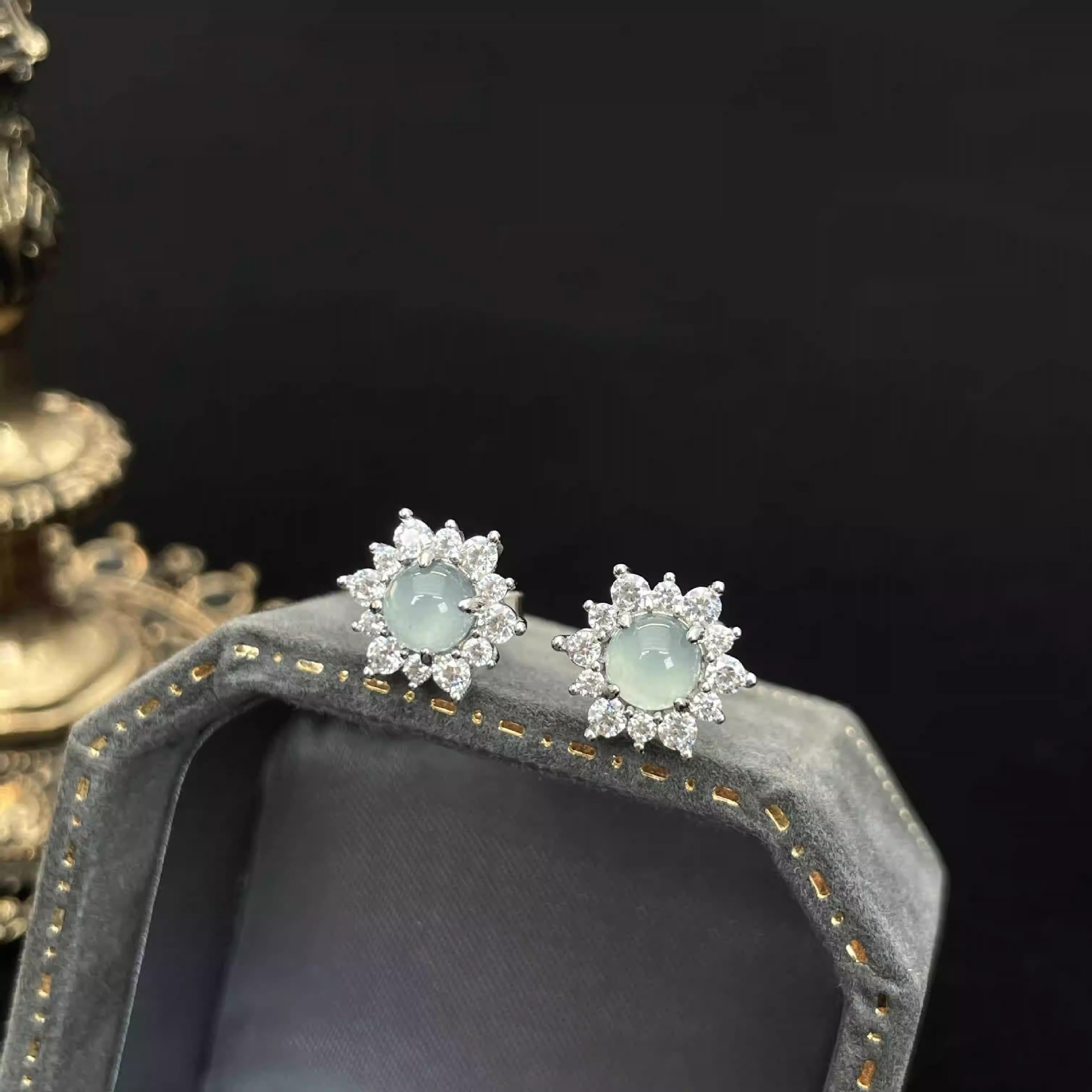 S925 Sterling Silver Blue Jade Sunflower Stud Earrings| Chinese Inspired Jewelry