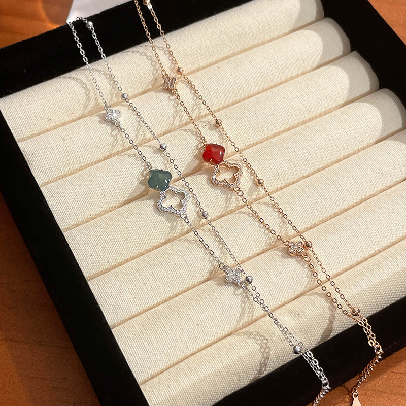 Original design, double four-leaf clover bracelet for women, made of 925 sterling silver, minimalist and chic, featuring a new Chinese style with jade and red agate beads, perfect for Instagram