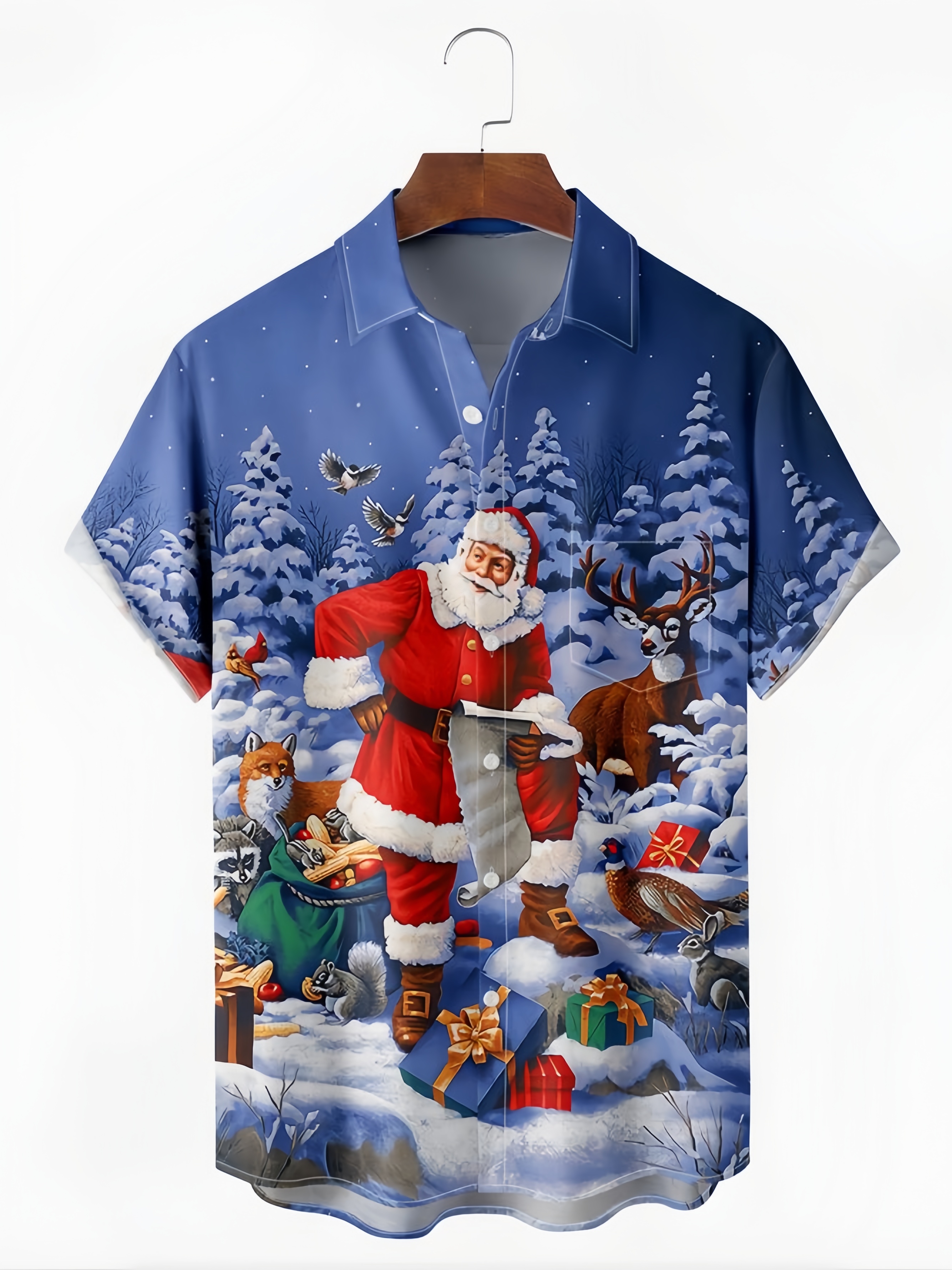 Christmas Santa Claus Chest Pocket Short Sleeve Casual Shirt