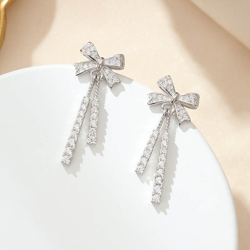 925 sterling silver bow tassel earrings for women, french ins style, chic and elegant, with delicate zirconia embellishments
