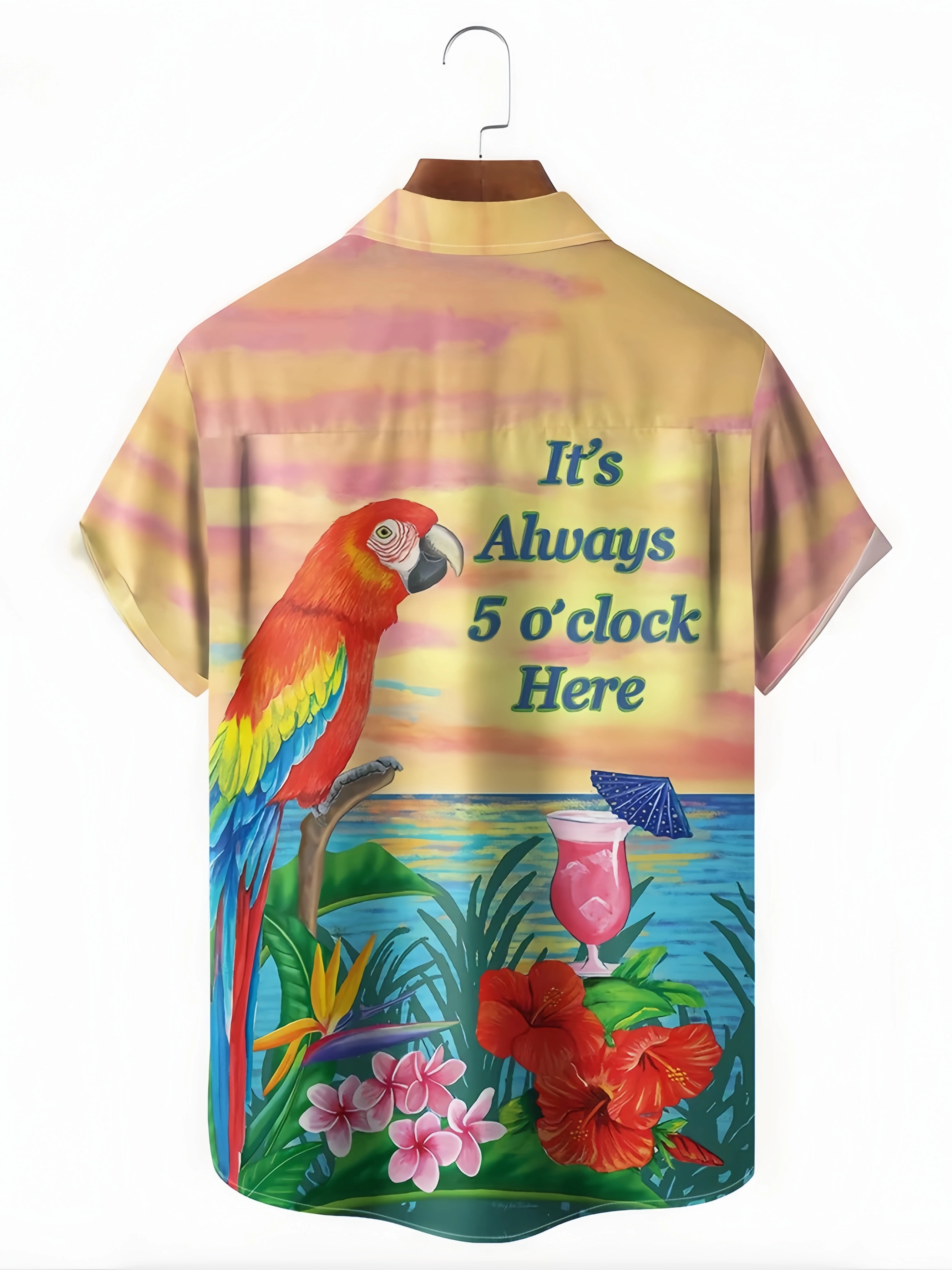 It's Always 5 O'Clock Here Parrot Chest Pocket Short Sleeve Hawaiian Shirt