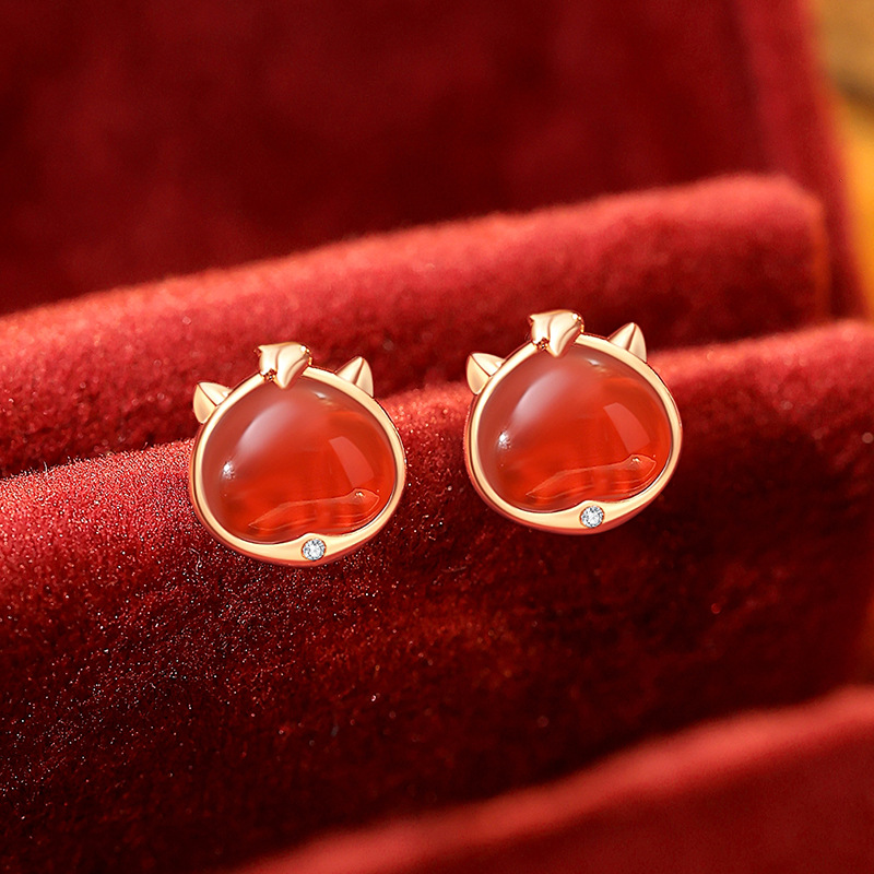 Original Heart-Shaped Lucky Character Horse Year Earrings for Women, Pure Silver, Rose Gold, Red Agate, 2026 Zodiac Year, Cute Horse Earrings