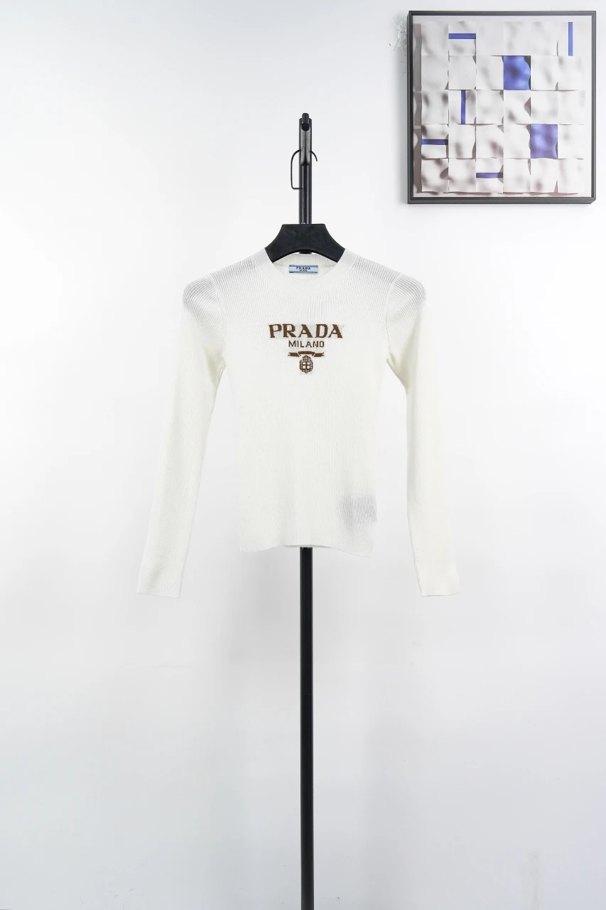 Prada Ivory Recycled Silk Logo Jacquard Slim Knit Sweater product photo from LabelPicks