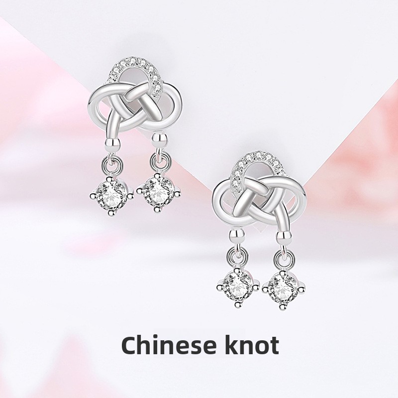 Original Chinese knot earrings for women, made of pure silver, featuring a new Chinese style, retro design, high-end quality, and versatile appeal, with delicate inlaid details and twisted elements