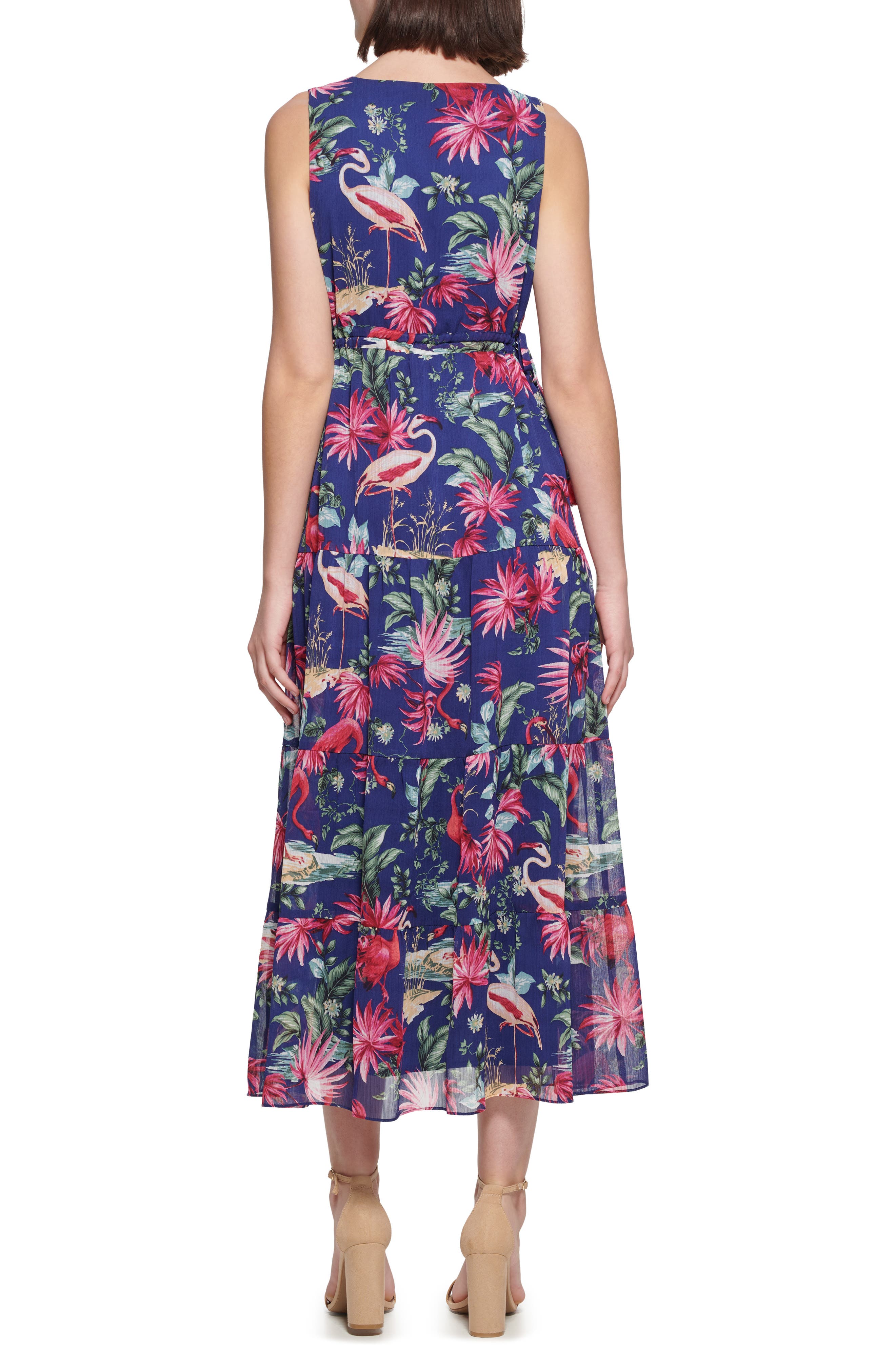 Kensie Flamingo Print Sleeveless Chiffon Maxi Dress