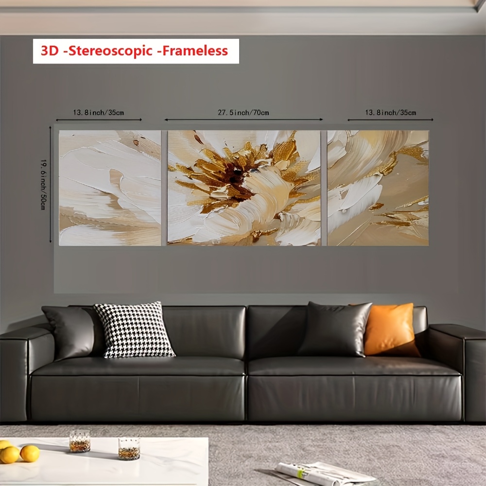 3D Frameless Hand-Painted Oil Painting – Abstract Gold Floral Landscape, Textured Knife Art for Bedroom Wall Decor (3-Piece) - casso