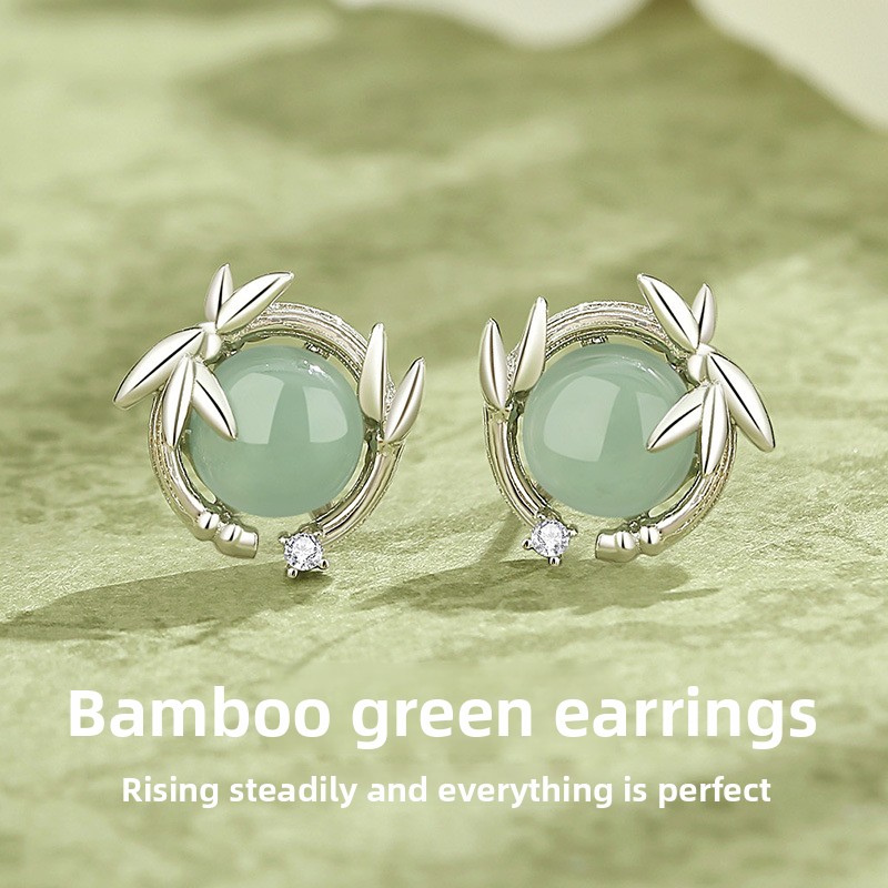Original bamboo leaf jadeite earrings for women, pure silver, artistic retro Chinese style earrings, new Chinese style bamboo knot earrings