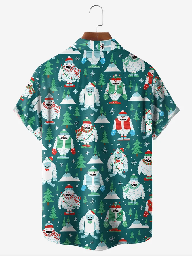 Christmas Snow Monster Chest Pocket Short Sleeve Hawaiian Shirt