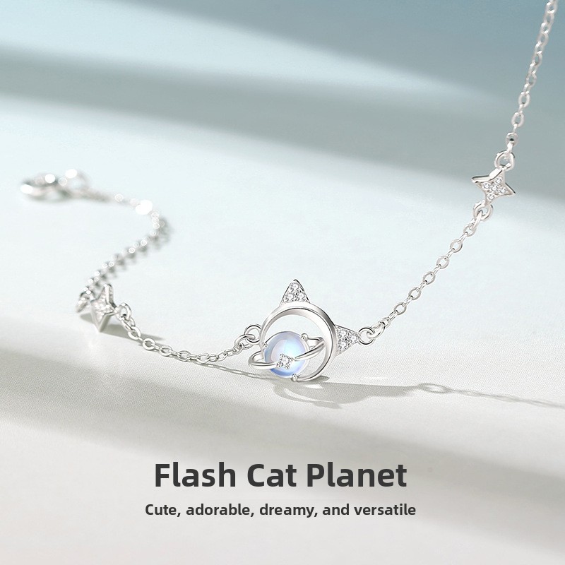 Original Flash Cat Planet Bracelet, Women's Sterling Silver, Korean Style, Unique Design, Simple Bracelet, Moonstone Jewelry, Gift for Best Friends