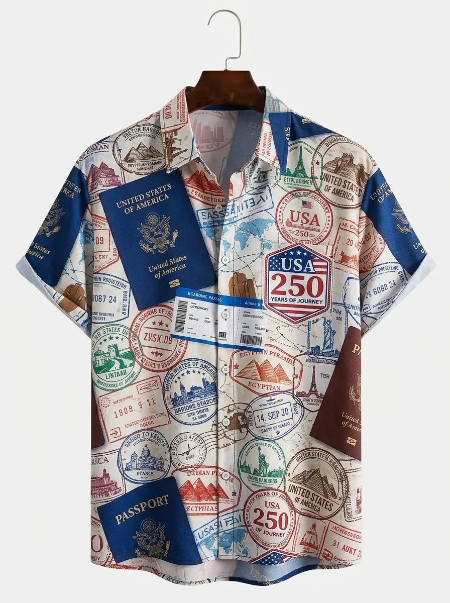Men's printed shirts, USA 250 Passport Stamp Travel Aloha Shirt