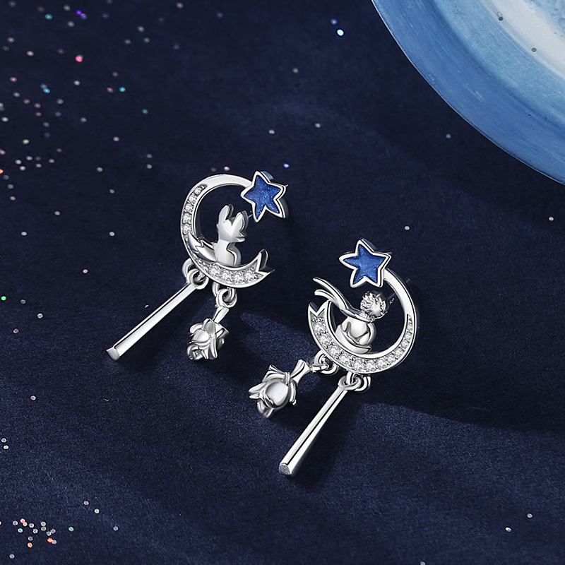 Original Star and Moon Little Prince and Fox Earrings, Women's Sterling Silver, Unique Design, Star Cubic Zirconia Earrings, Rose Earrings