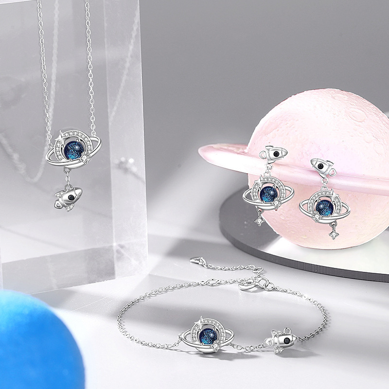 s925 sterling silver cosmic planet earrings for women, niche design, light luxury ins style, same style as on Dewu, star stud earrings