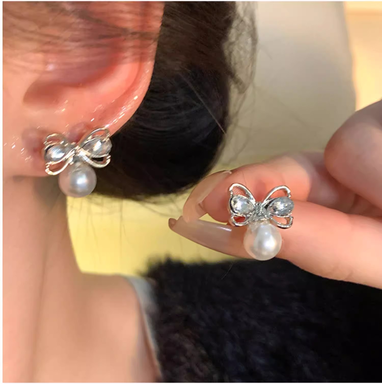 S925 sterling silver butterfly knot pearl earrings, women's summer Korean-style minimalist luxury design with delicate cubic zirconia accents