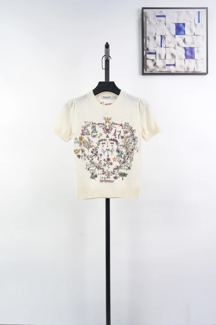 Dior Cream Monet Garden Embroidered Cashmere Short Sleeve Sweater product photo from LabelPicks