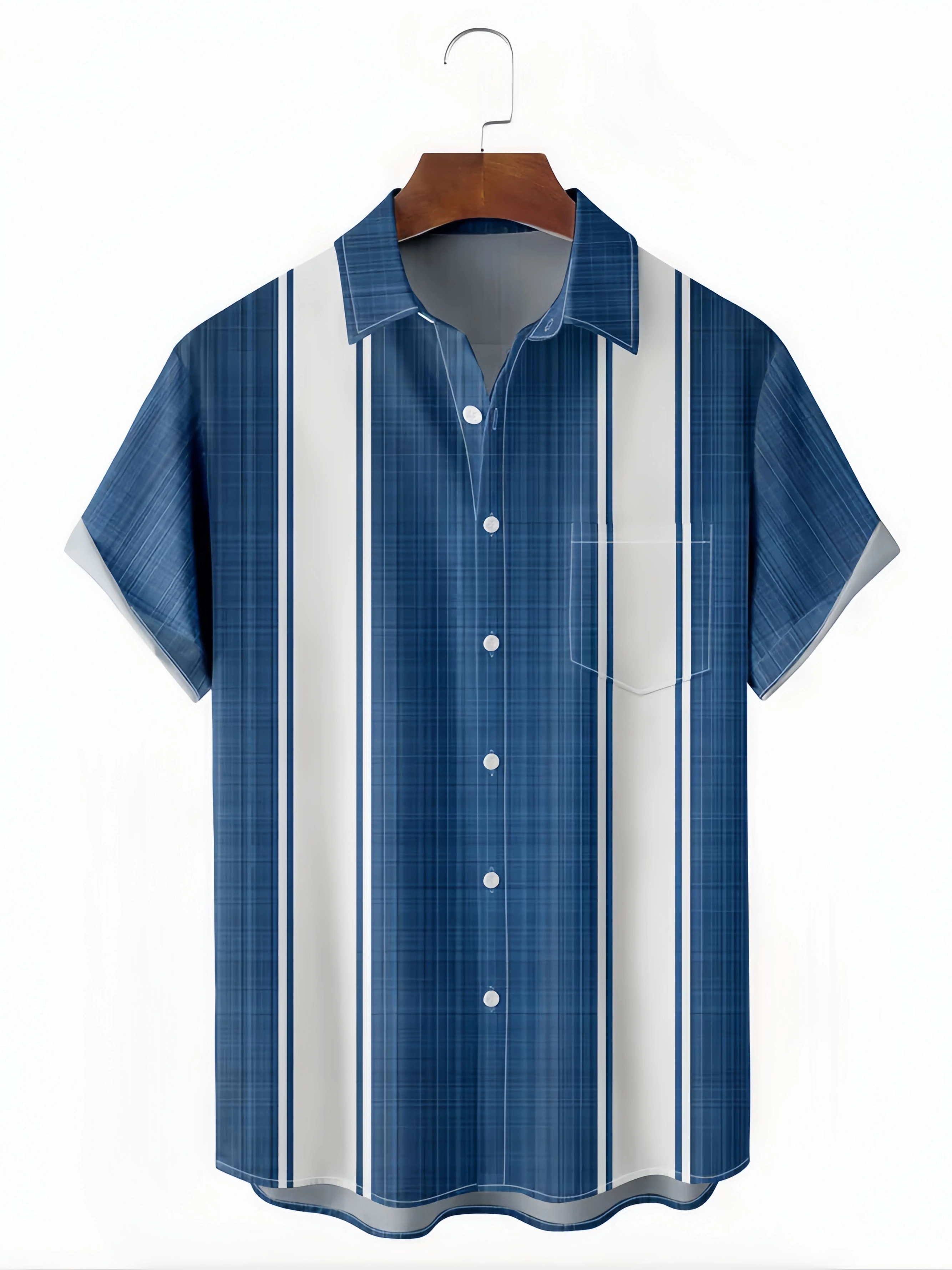 Striped Chest Pocket Short Sleeve Bowling Shirt