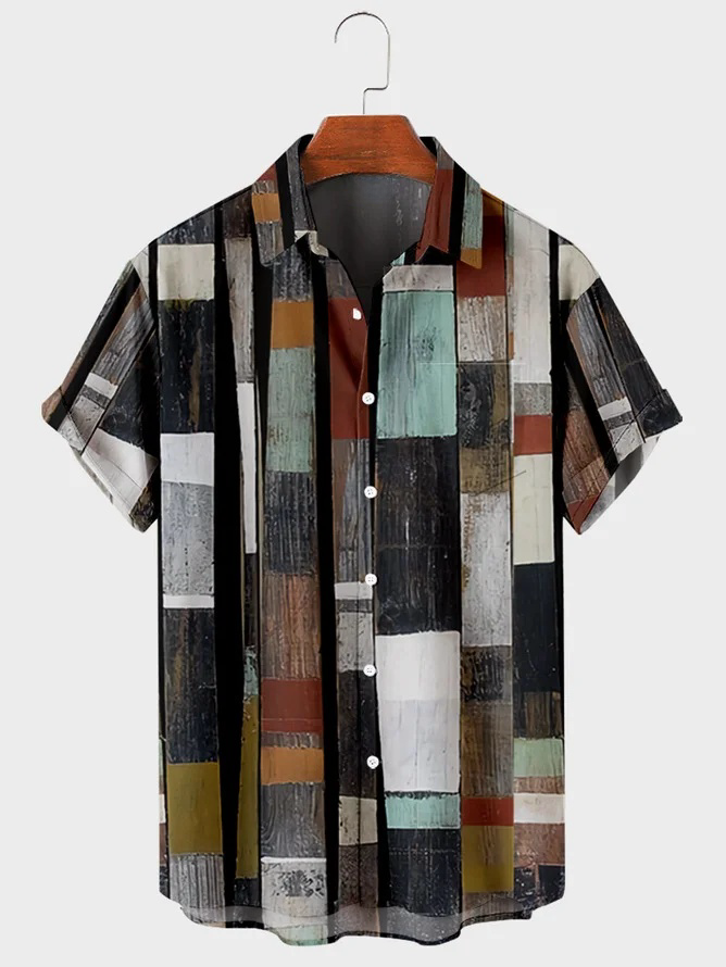 Hawaiian Retro Geometric Abstract Elements Men's Casual Short-sleeved Shirt
