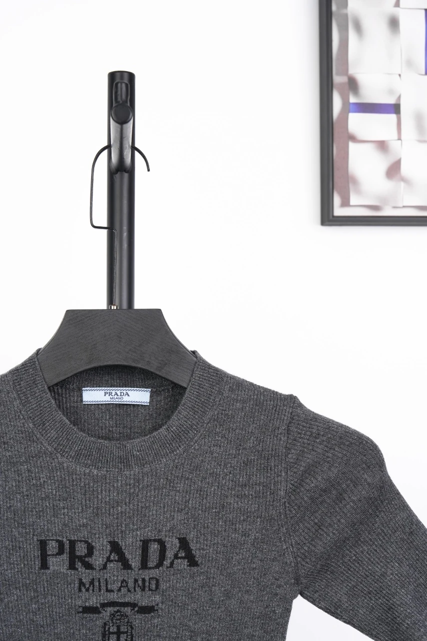 Prada Charcoal Logo Embroidered Half-Sleeve Knit Top product photo from LabelPicks