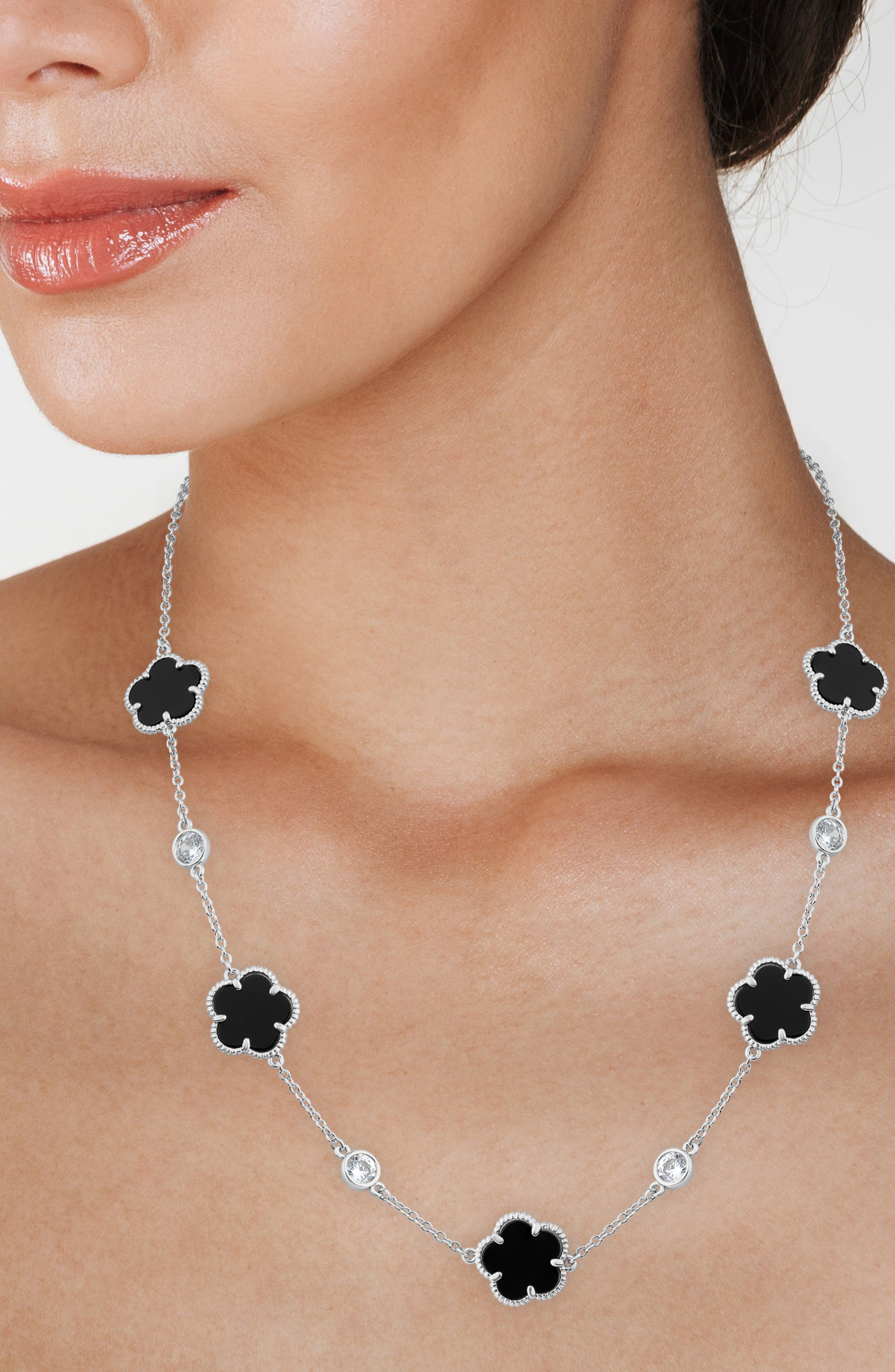 CZ by Kenneth Jay Lane Cubic Zirconia & Onyx Clover Station Necklace