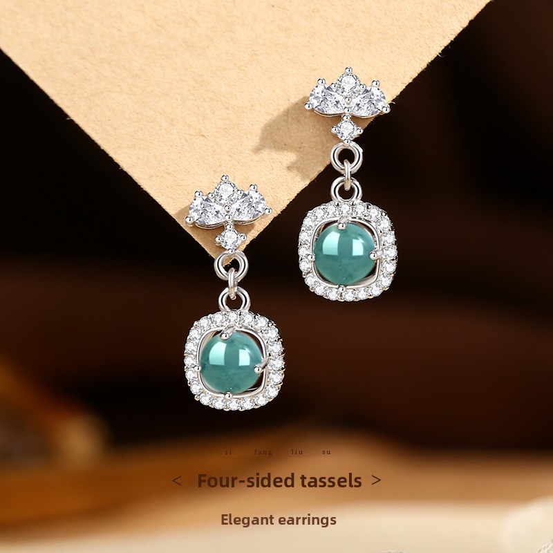 Original square jade earrings, made of 925 sterling silver, featuring a retro Chinese-style design, geometric patterns, lightweight yet luxurious, and representing high-end jewelry for women