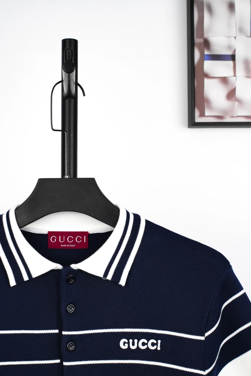 GUCCI Navy White Striped Jacquard Polo Shirt product photo from LabelPicks