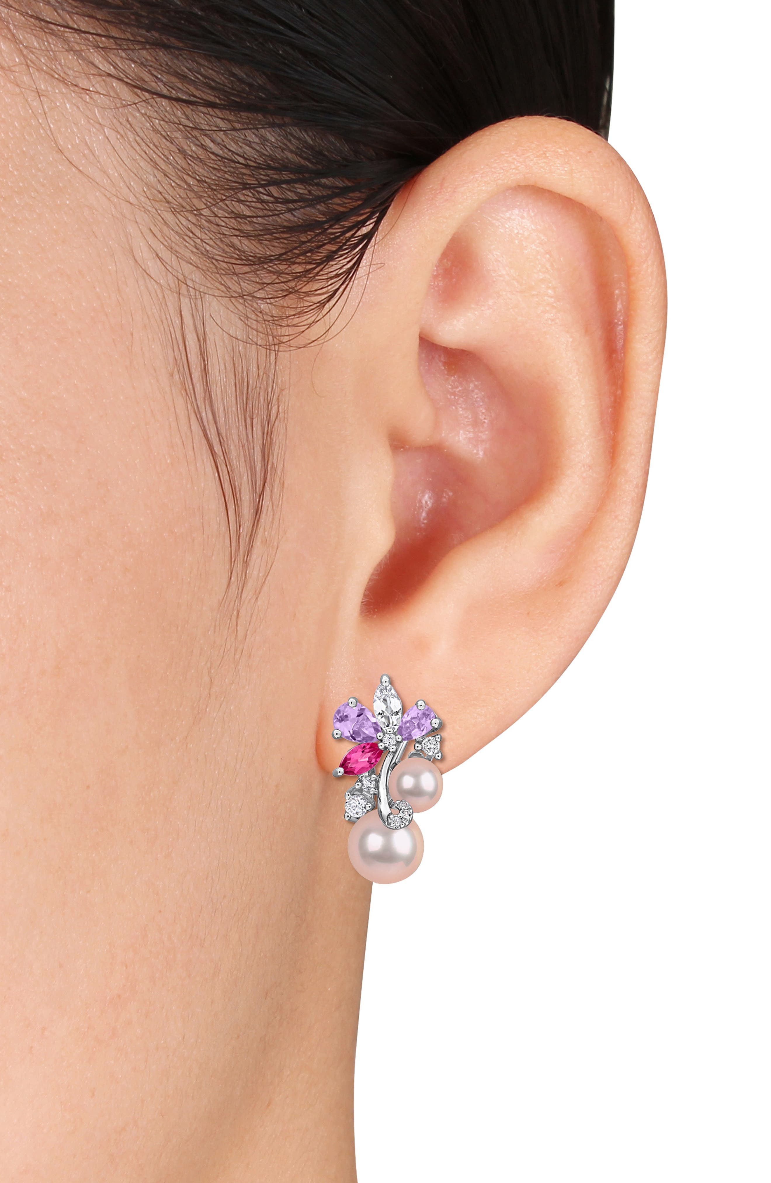 DELMAR 6-9mm Pink Cultured Freshwater Pearl & Stone Cluster Pendant Necklace & Stud Earrings Set