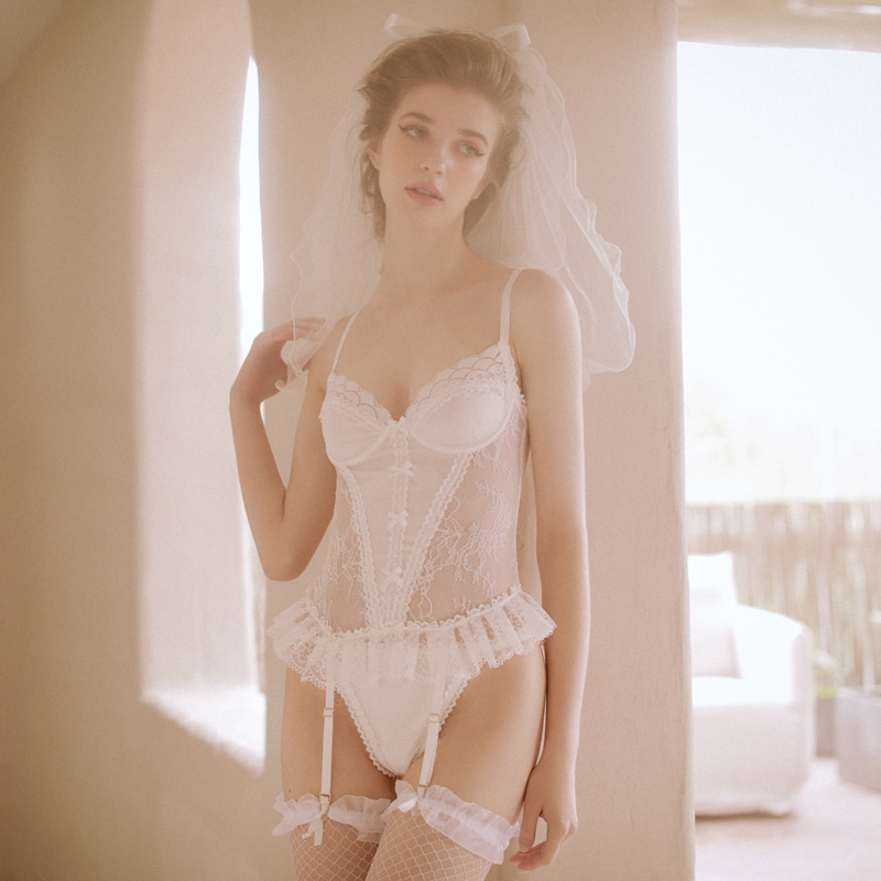 Sexy nightdress, real lace underwear set, complimentary fishnet stockings