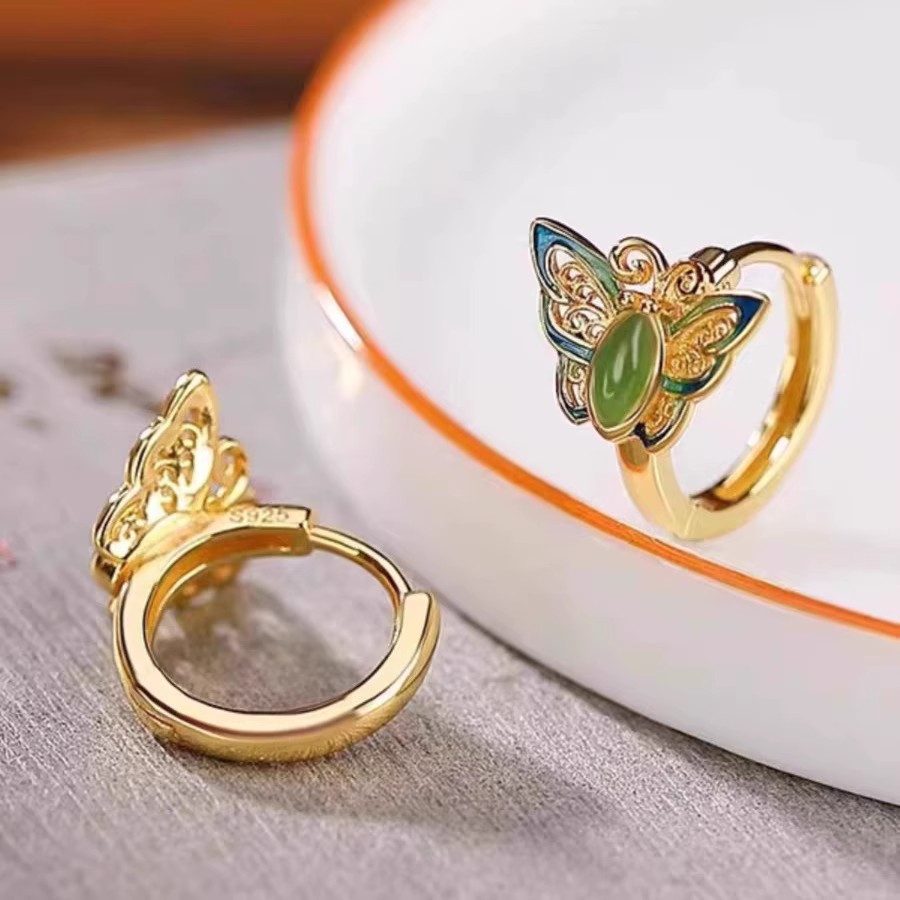 S925 sterling silver filigree green butterfly earrings, simple summer earrings, Chinese-style retro court-style earrings